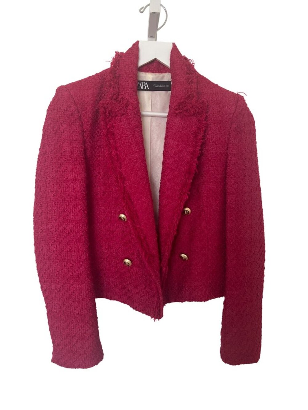 Zara Double-Breasted Tweed Blazer In Fuchsia With Frayed Edges & Gold Buttons - Picture 7 of 13